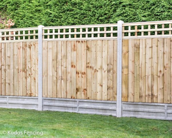 Trellis Top Closed Board Panel Fence With 1 Foot Concrete Gravel Boards And Concrete Posts