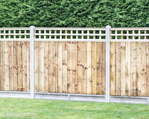 Trellis Top Closed Board Panel Fence With 6 inch Concrete Gravel Boards And Concrete Posts