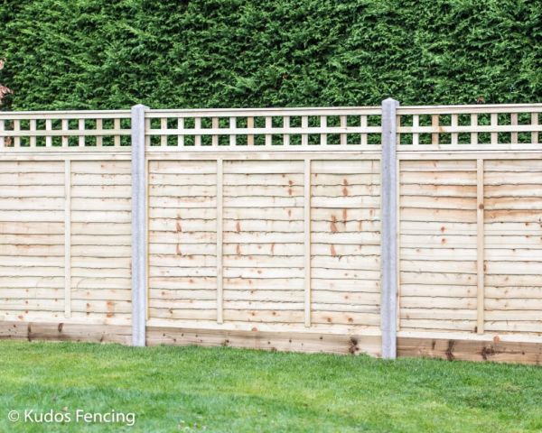 Trellis Top Waney Edge Lap Panel Fencing, Timber Gravel Board And Concrete Posts