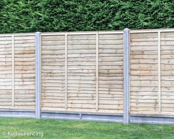 Waney Edge Lap Panel Fence, 6" Concrete Gravel Boards & Concrete Posts